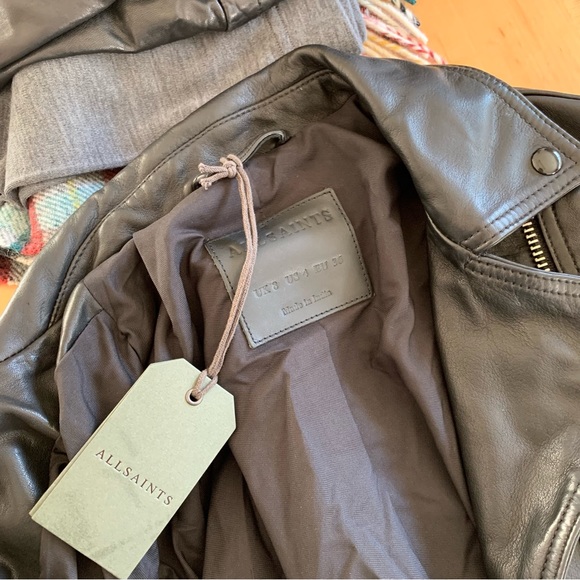 All Saints Dalby Leather Jacket Black Moto Biker Asymmetric Zip Slim Fit Size 4 - Picture 6 of 9